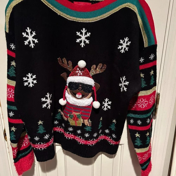 🎀 3 for $30 🎀 Ugly Christmas Sweater – Black, Dog Design w/ Sequin Sunglasses - Picture 1 of 8